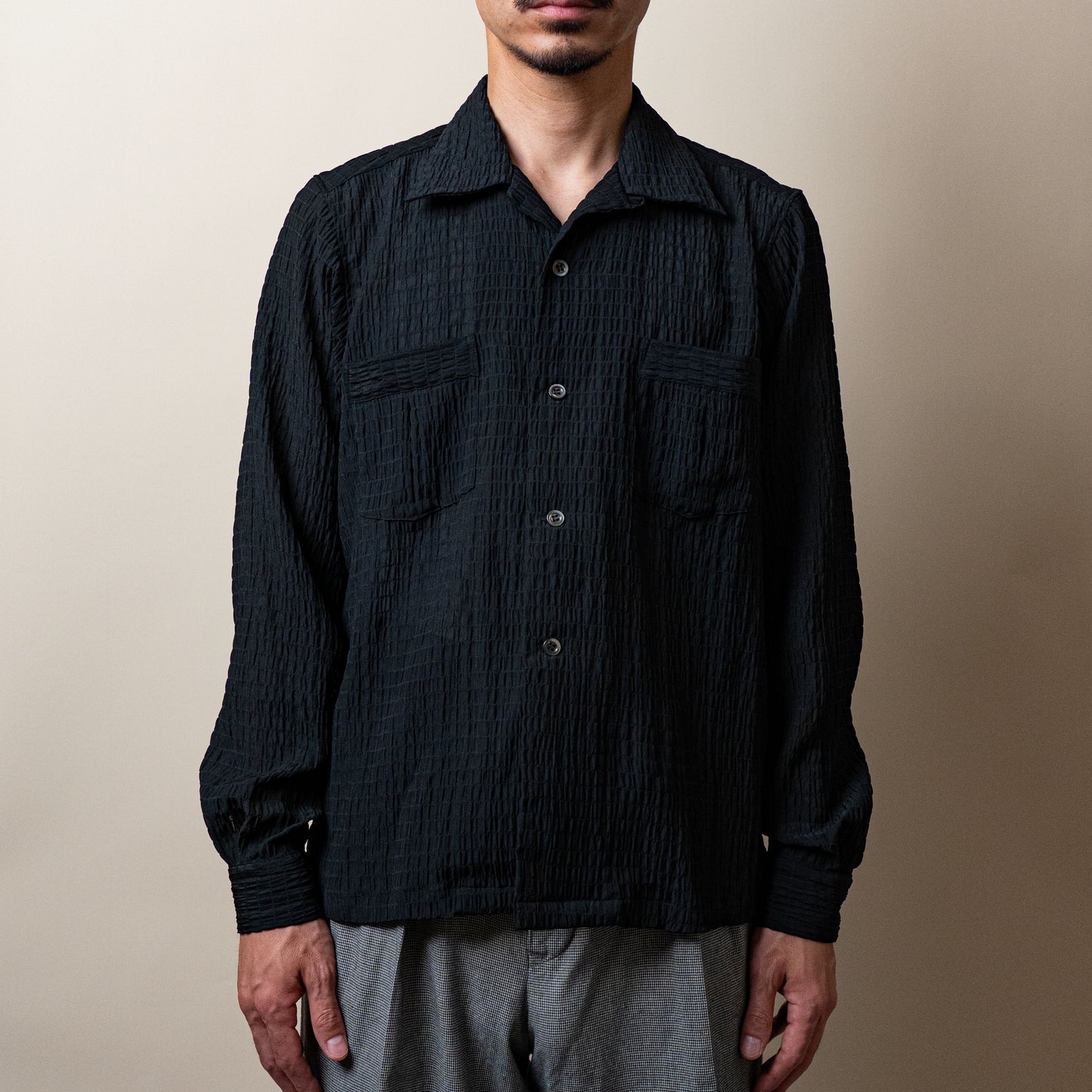 <Made To Order> CRASHED OPEN COLLAR SHEER SHIRT L/S BLACK