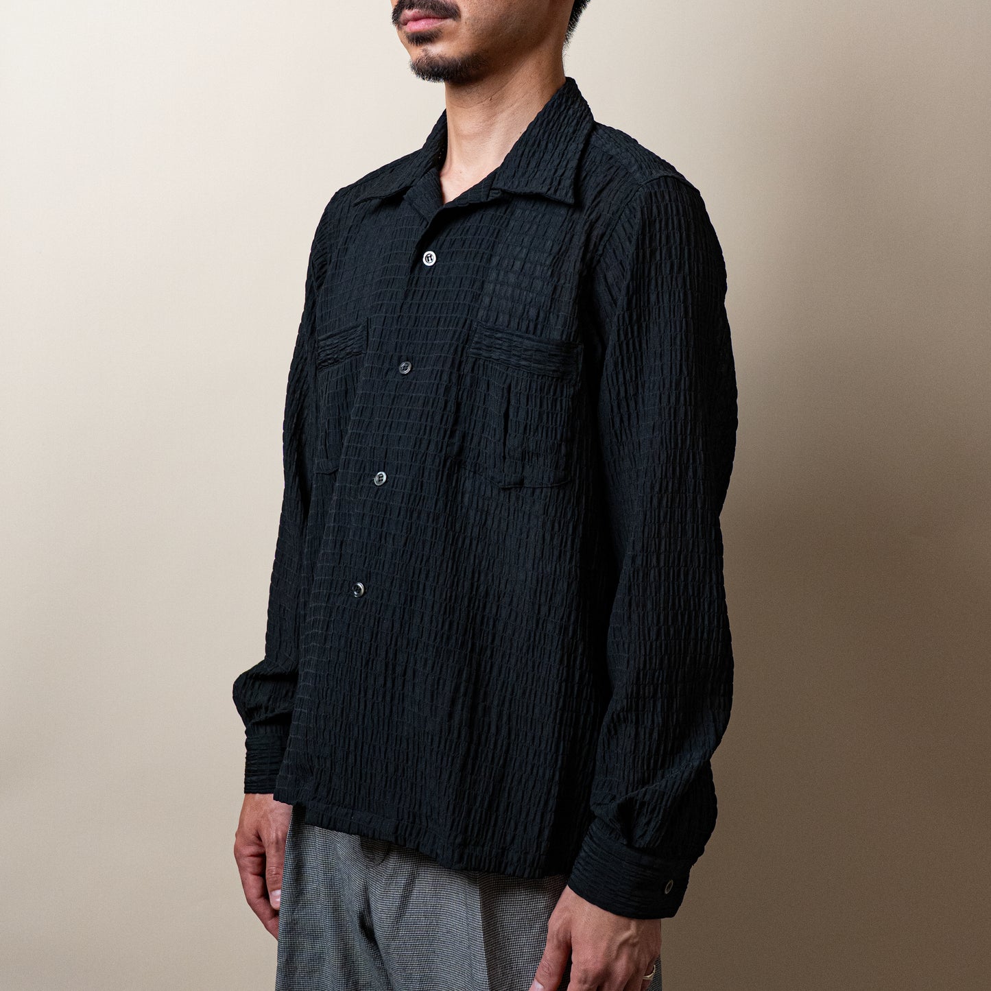 <Made To Order> CRASHED OPEN COLLAR SHEER SHIRT L/S BLACK