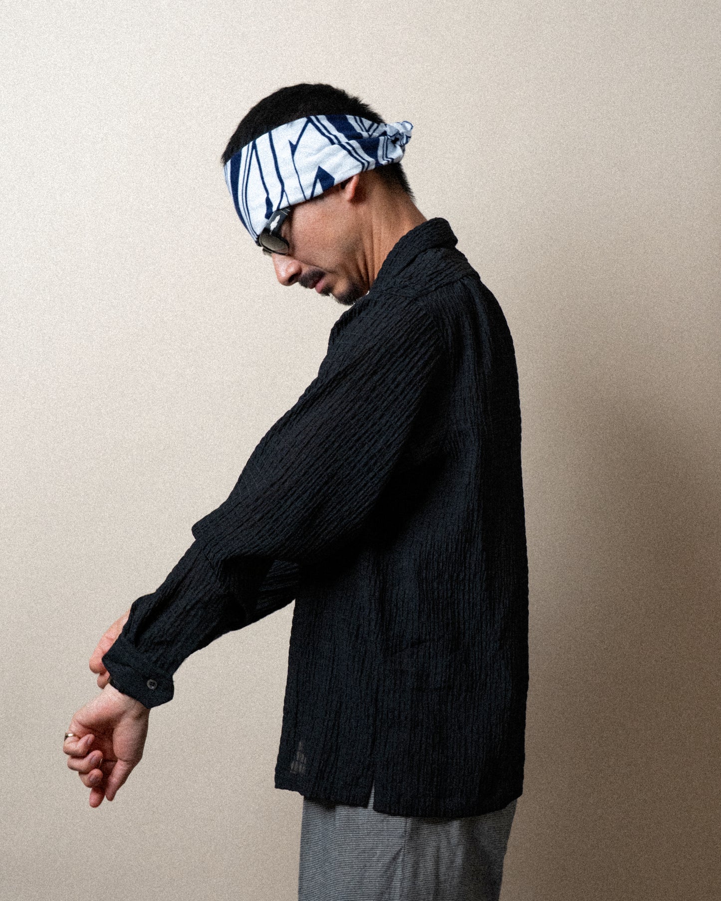 <Made To Order> CRASHED OPEN COLLAR SHEER SHIRT L/S BLACK