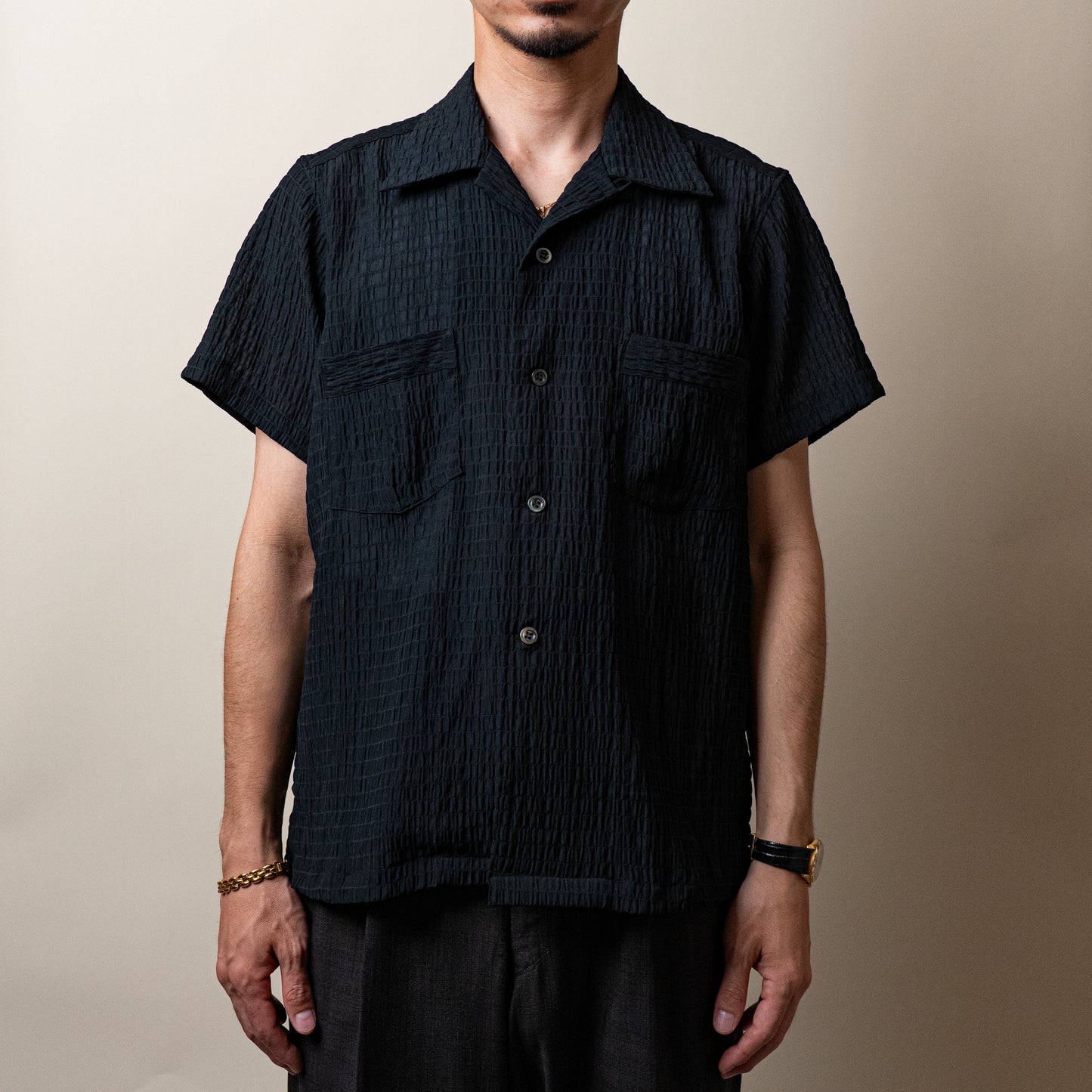 <Made To Order> CRASHED OPEN COLLAR SHEER SHIRT S/S BLACK