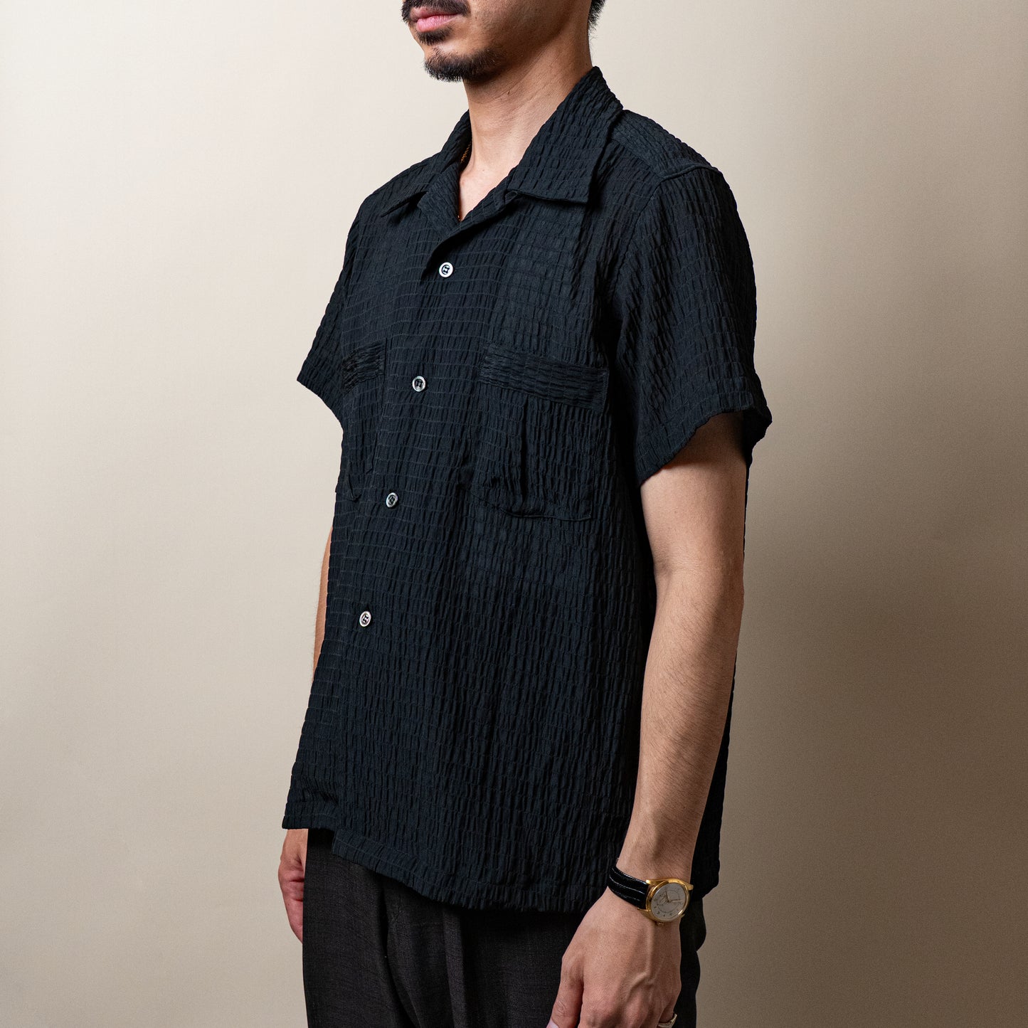 <Made To Order> CRASHED OPEN COLLAR SHEER SHIRT S/S BLACK