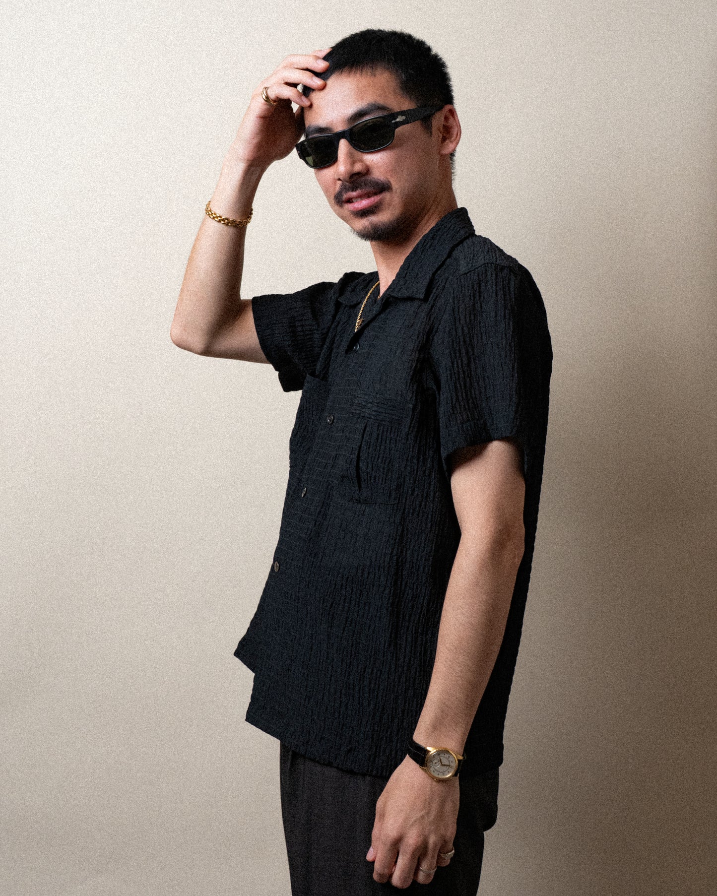 <Made To Order> CRASHED OPEN COLLAR SHEER SHIRT S/S BLACK