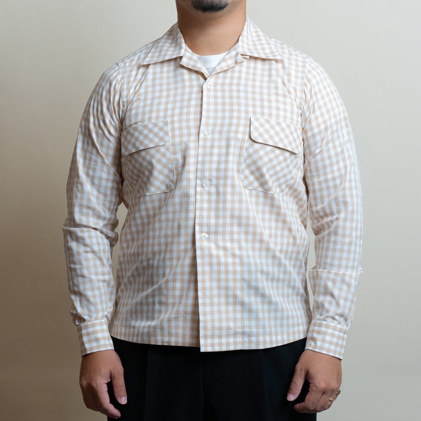 <Made To Order> GINGHAM CHECK OPEN COLLAR SHIRT BEIGE