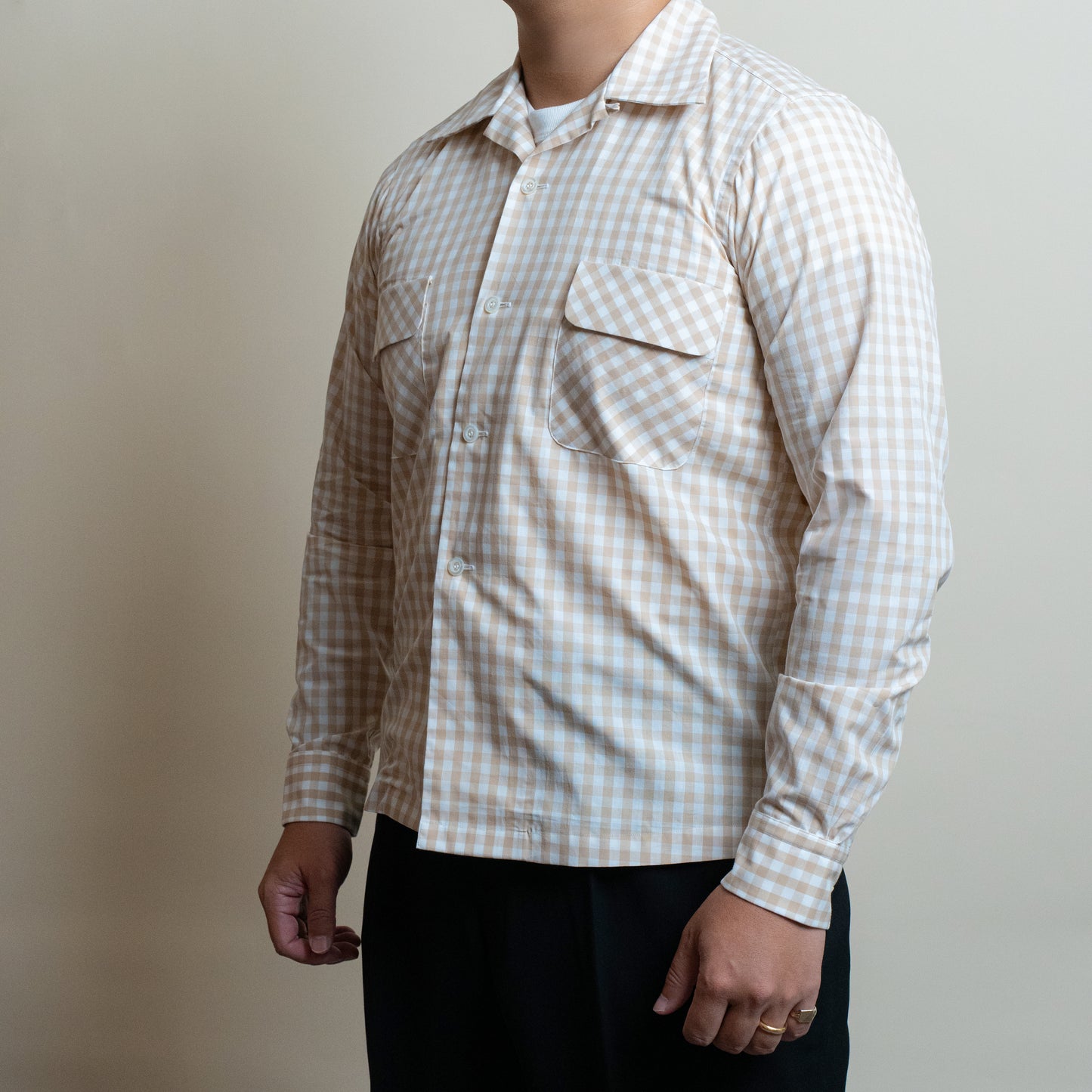 <Made To Order> GINGHAM CHECK OPEN COLLAR SHIRT BEIGE