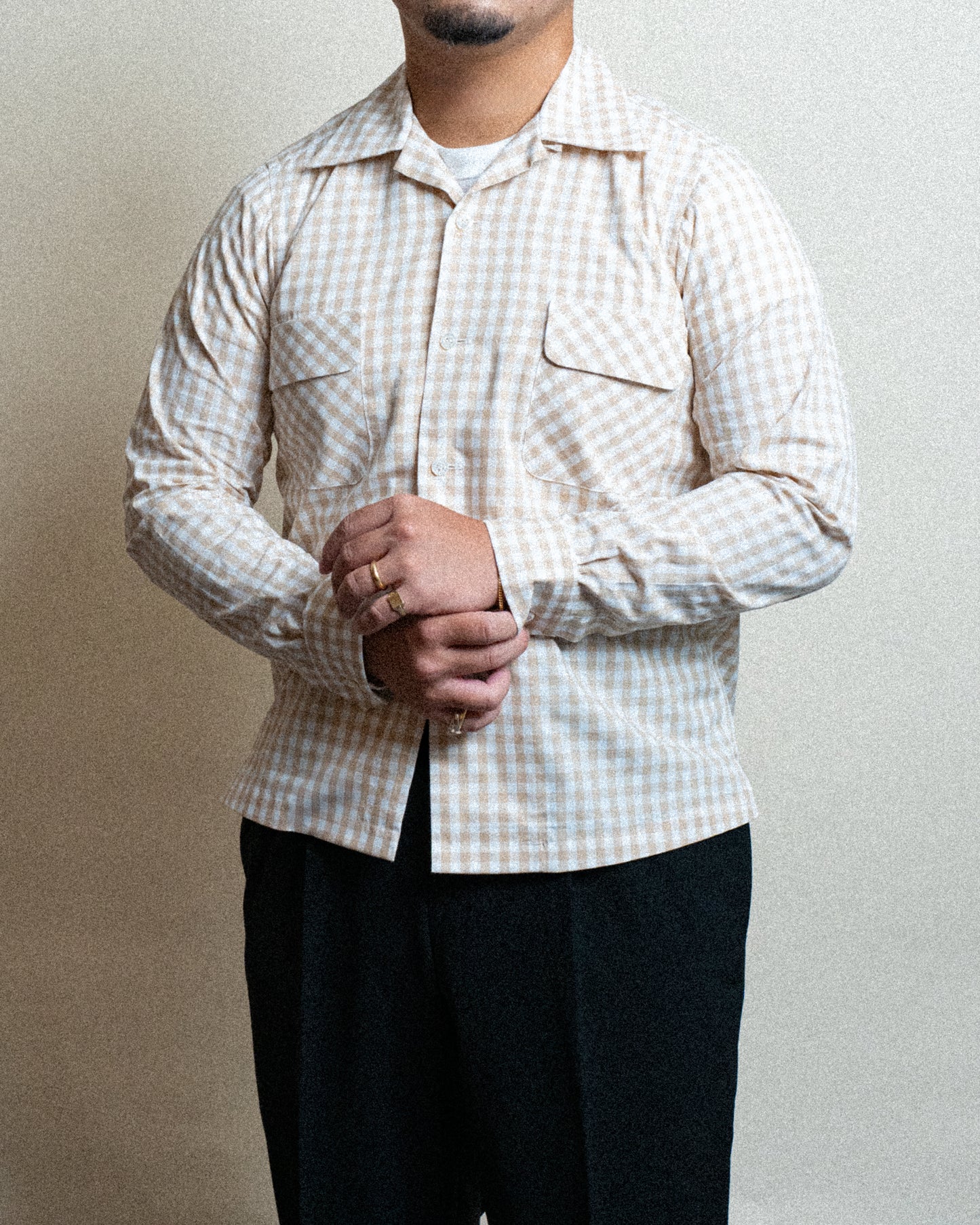 <Made To Order> GINGHAM CHECK OPEN COLLAR SHIRT BEIGE