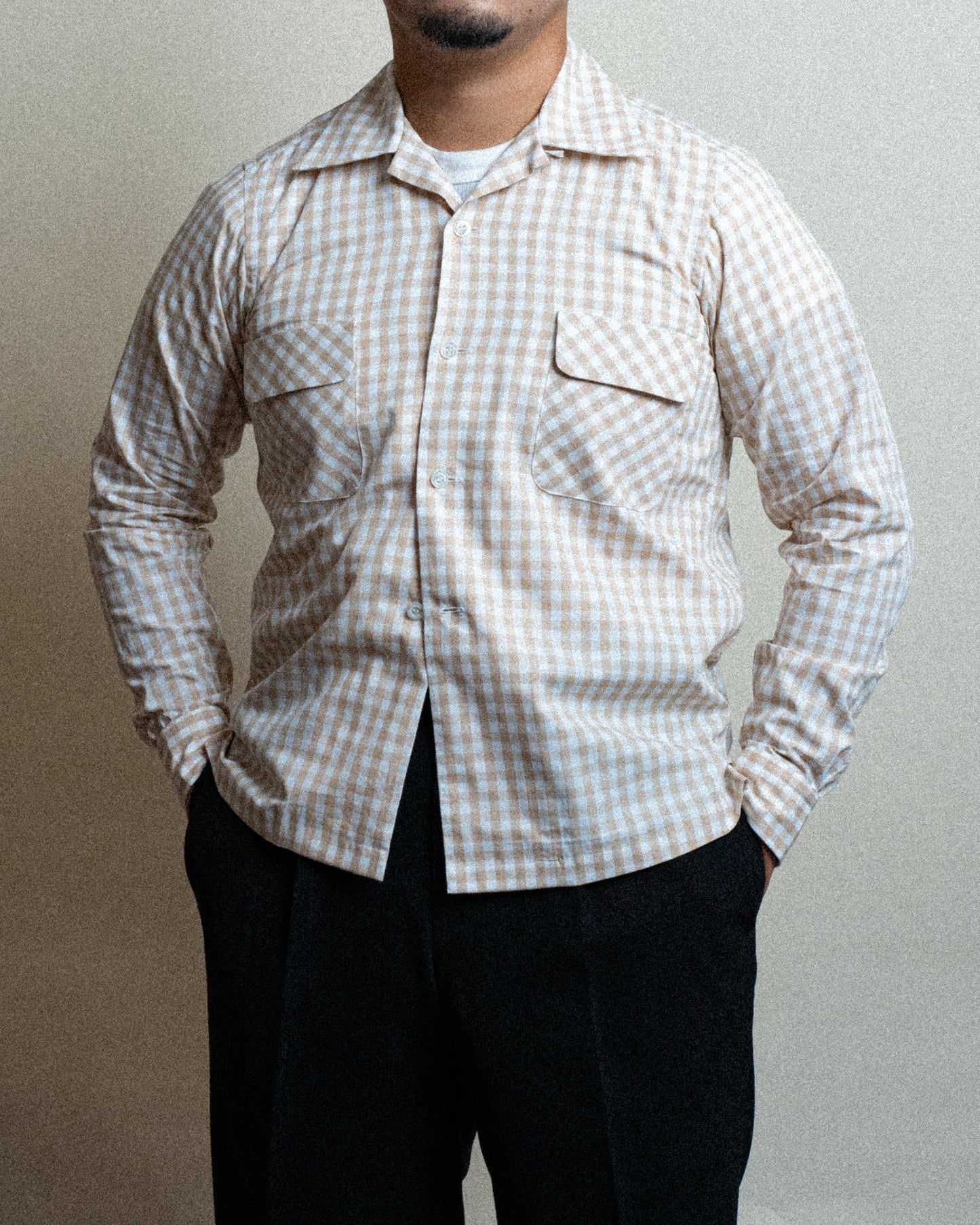 <Made To Order> GINGHAM CHECK OPEN COLLAR SHIRT BEIGE