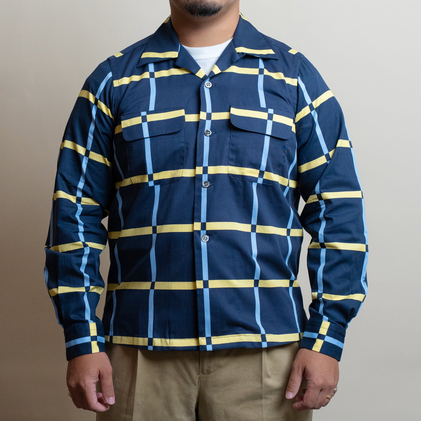<Made To Order> COTTON PRINTED PLAIDS OPEN COLLAR SHIRT NAVY