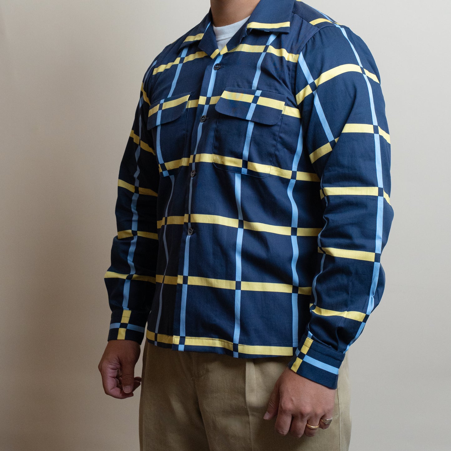 <Made To Order> COTTON PRINTED PLAIDS OPEN COLLAR SHIRT NAVY