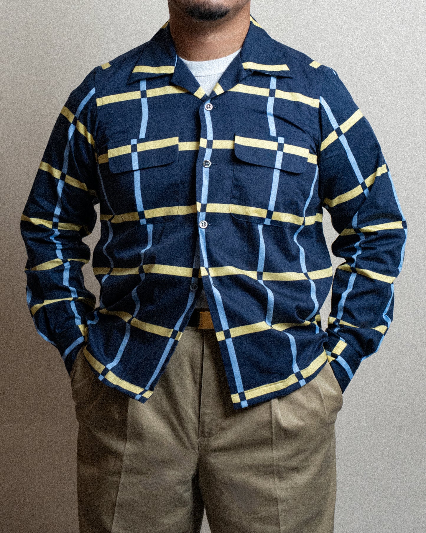 <Made To Order> COTTON PRINTED PLAIDS OPEN COLLAR SHIRT NAVY