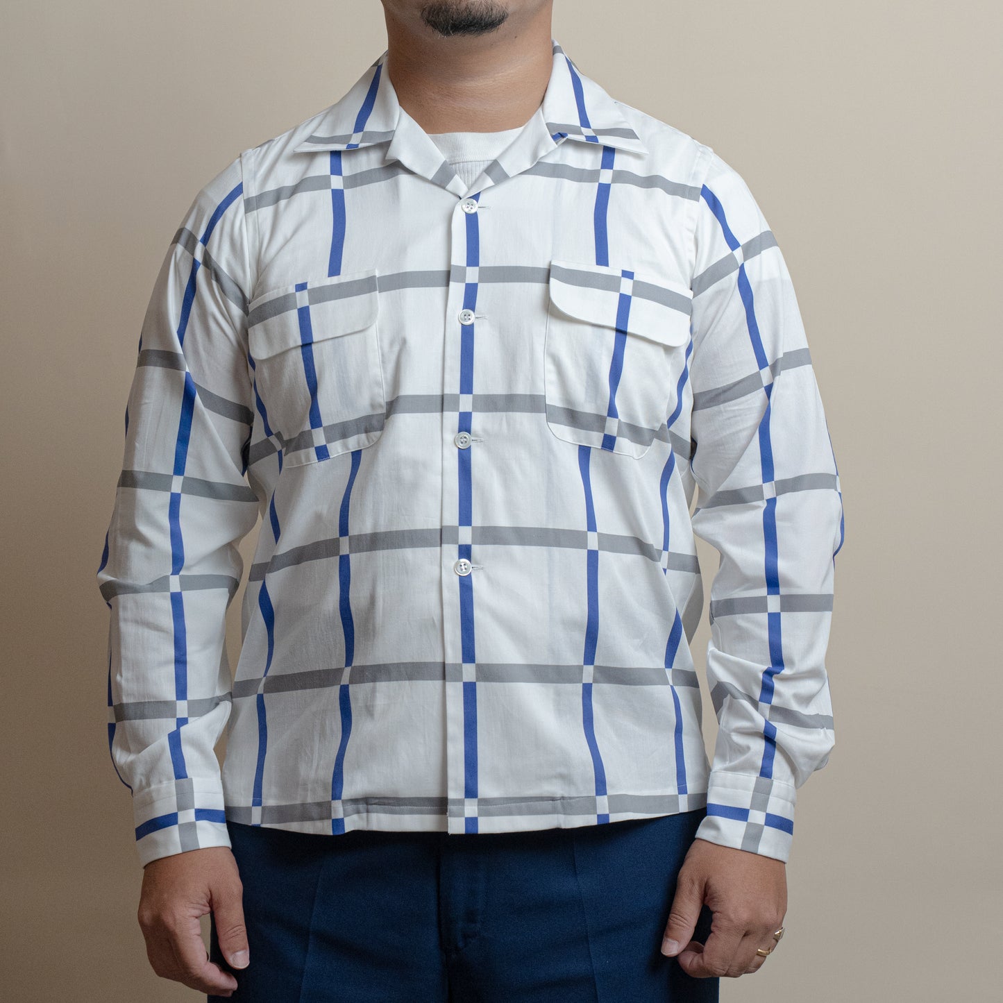 <Made To Order> COTTON PRINTED PLAIDS OPEN COLLAR SHIRT WHITE