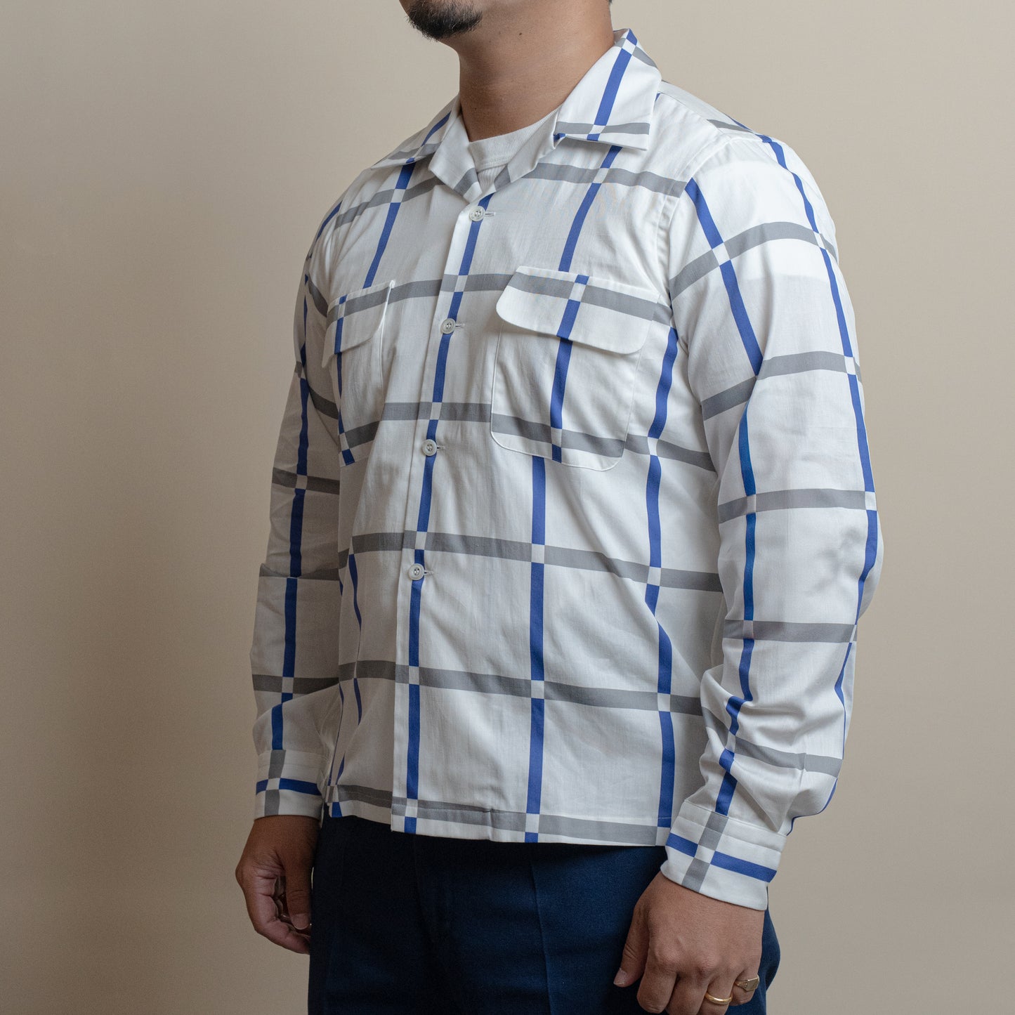 <Made To Order> COTTON PRINTED PLAIDS OPEN COLLAR SHIRT WHITE