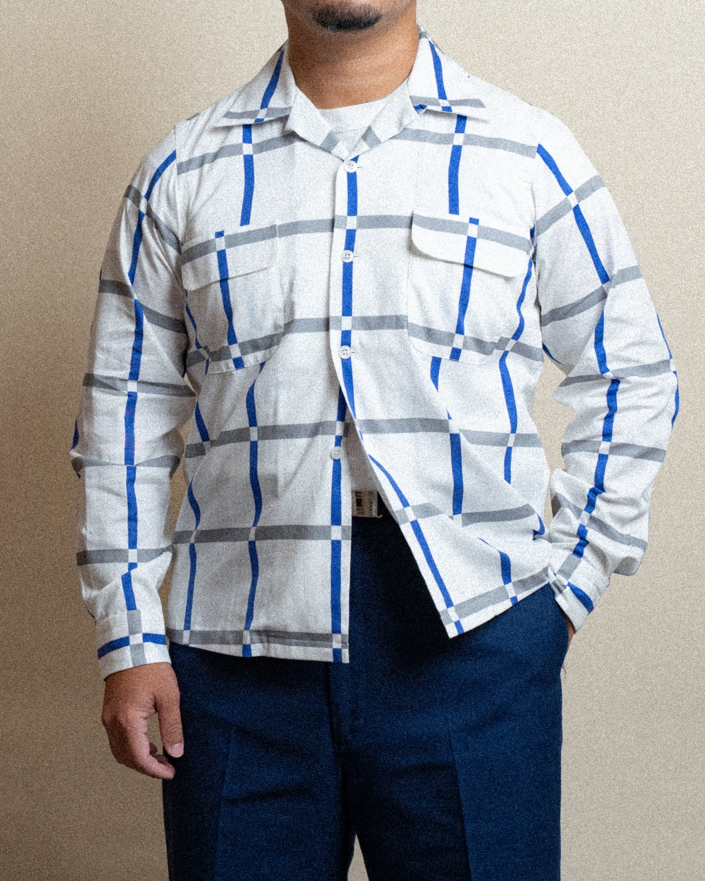 <Made To Order> COTTON PRINTED PLAIDS OPEN COLLAR SHIRT WHITE