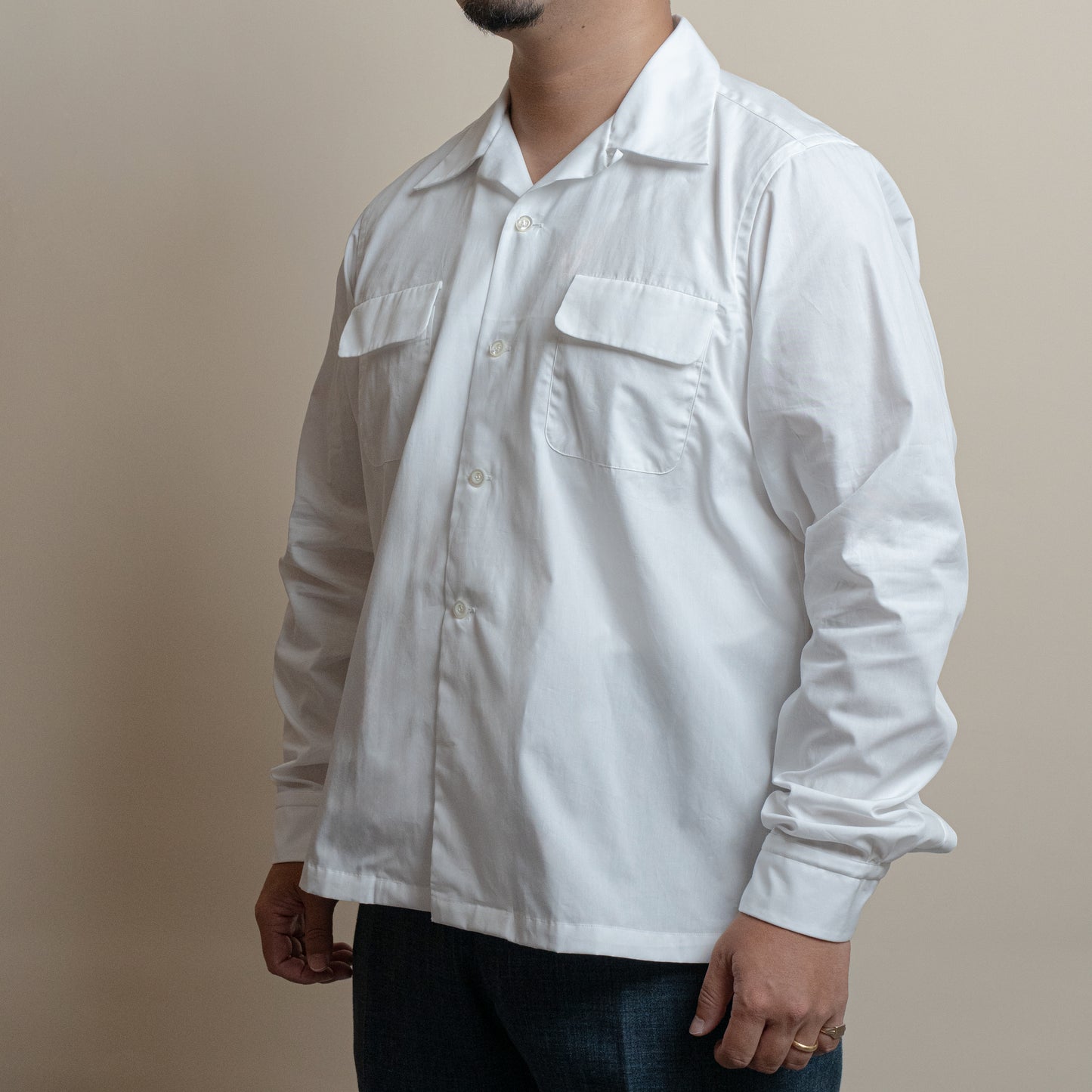 <Made To Order> COTTON BROADCLOTH OPEN COLLAR SHIRT WHITE