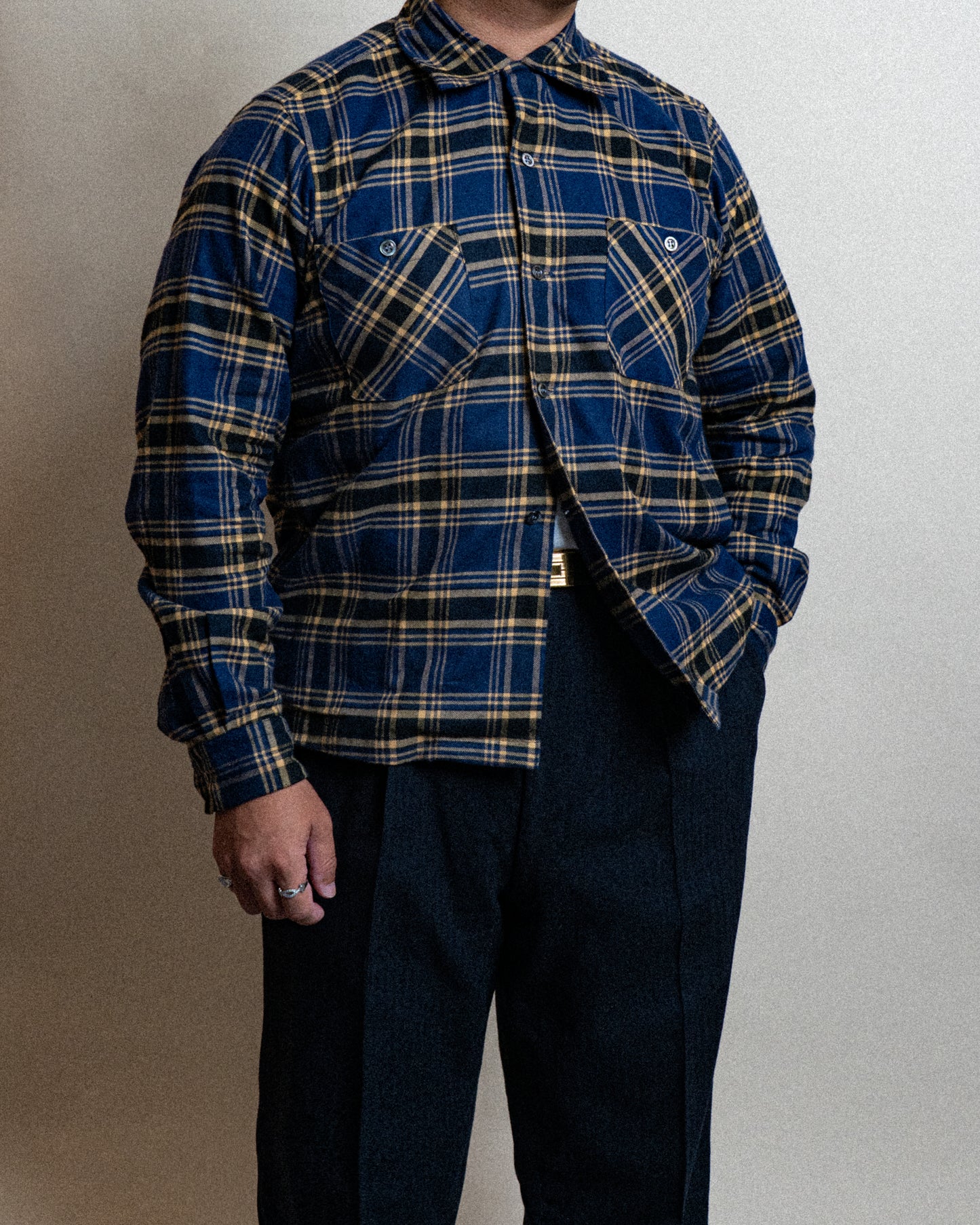 <Made To Order> COTTON FLANNEL PLAID OPEN COLLAR SHIRT