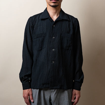 <Made To Order> CRASHED OPEN COLLAR SHEER SHIRT L/S BLACK