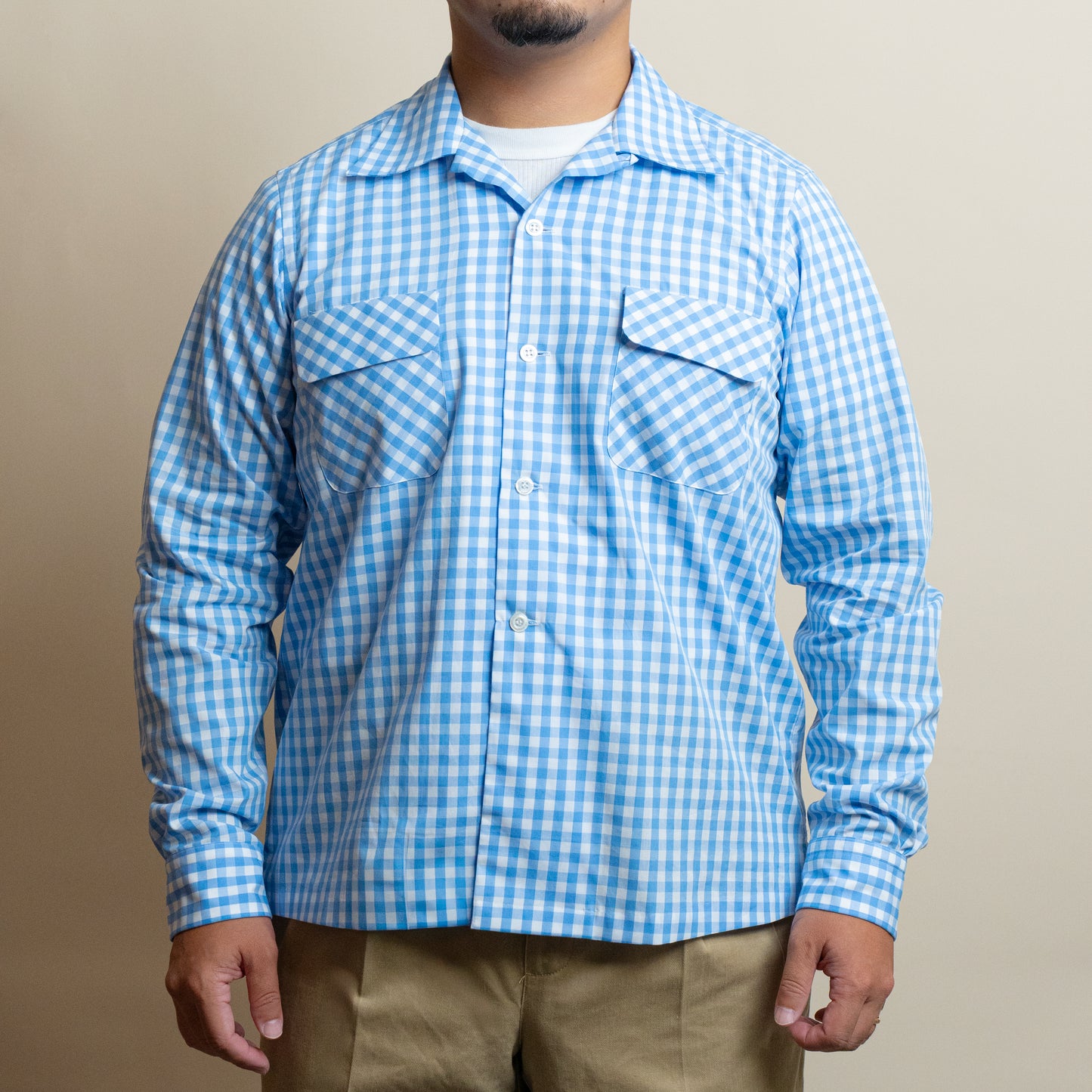 <Made To Order> GINGHAM CHECK OPEN COLLAR SHIRT SAX BLUE