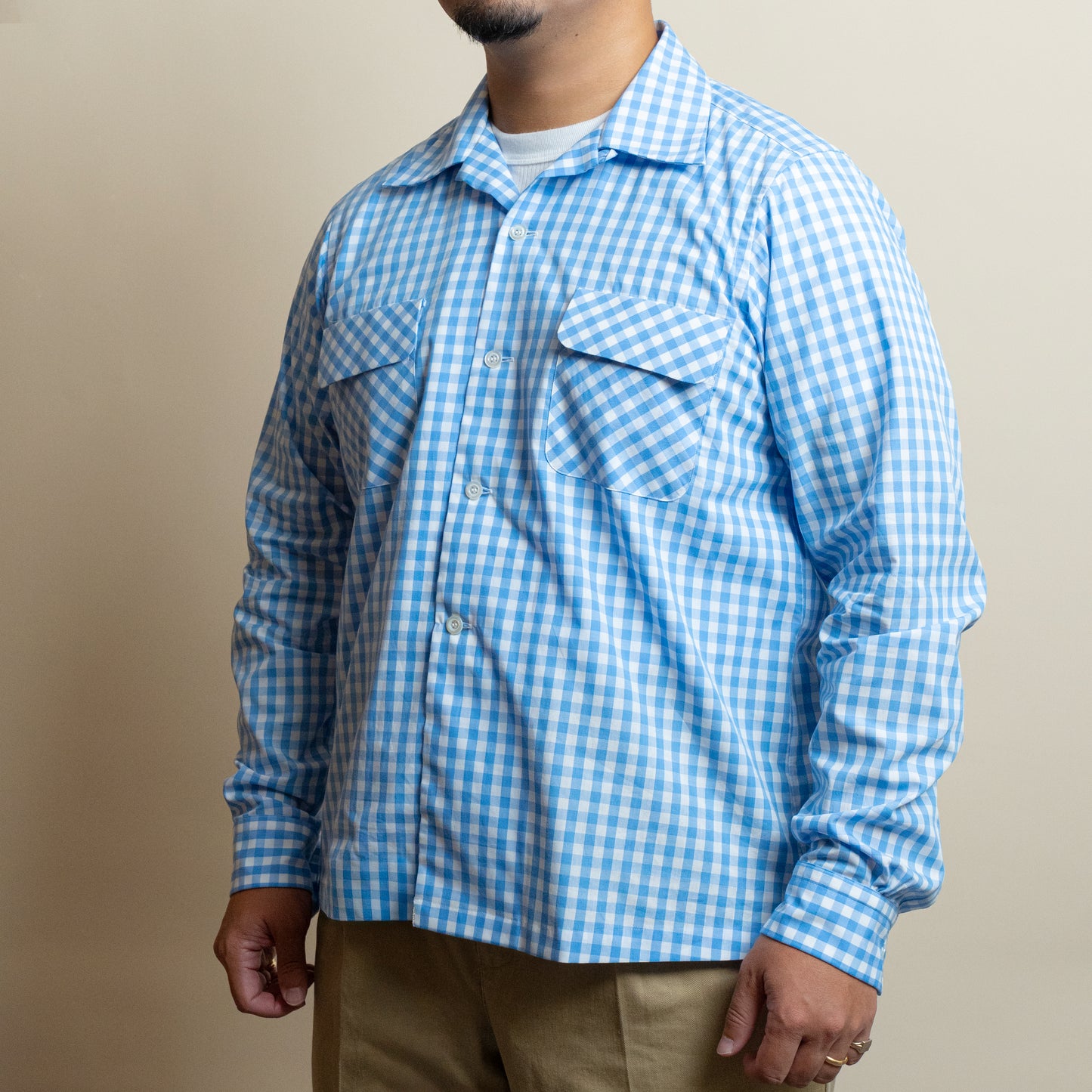 <Made To Order> GINGHAM CHECK OPEN COLLAR SHIRT SAX BLUE