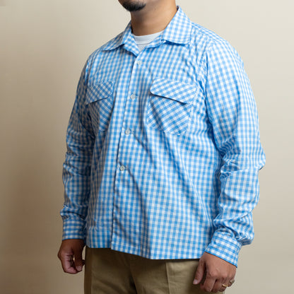 <Made To Order> GINGHAM CHECK OPEN COLLAR SHIRT SAX BLUE