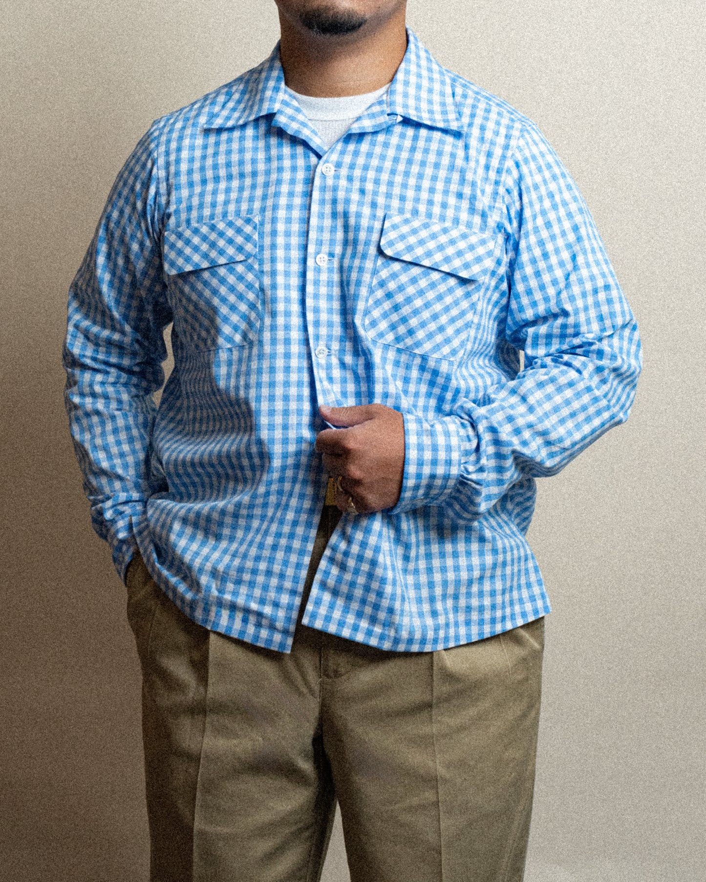 <Made To Order> GINGHAM CHECK OPEN COLLAR SHIRT SAX BLUE
