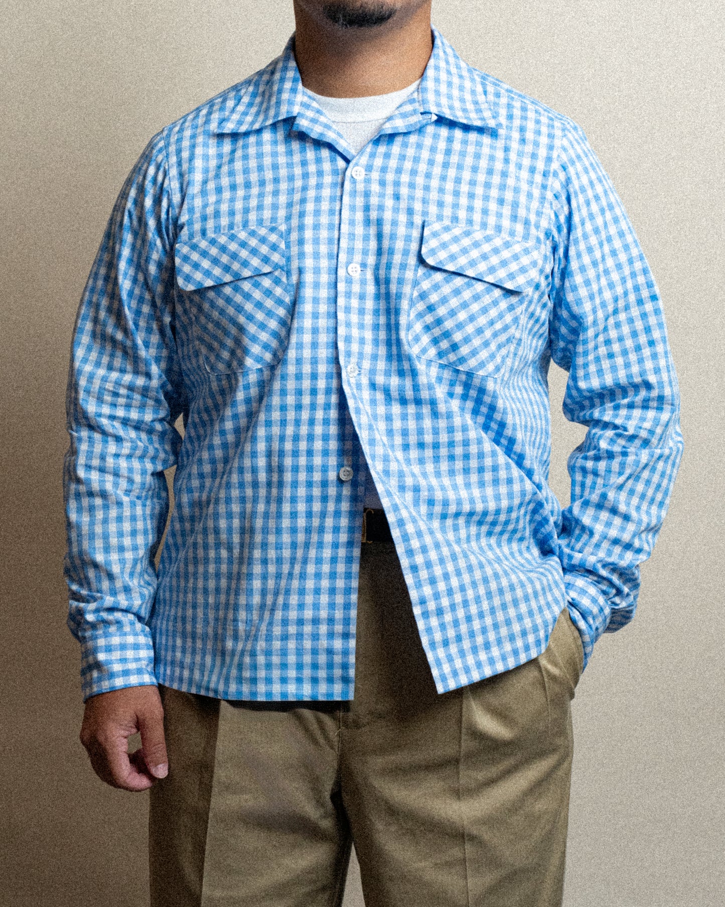 <Made To Order> GINGHAM CHECK OPEN COLLAR SHIRT SAX BLUE