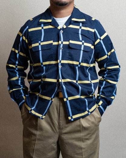 <Made To Order> COTTON PRINTED PLAIDS OPEN COLLAR SHIRT NAVY