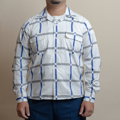 <Made To Order> COTTON PRINTED PLAIDS OPEN COLLAR SHIRT WHITE