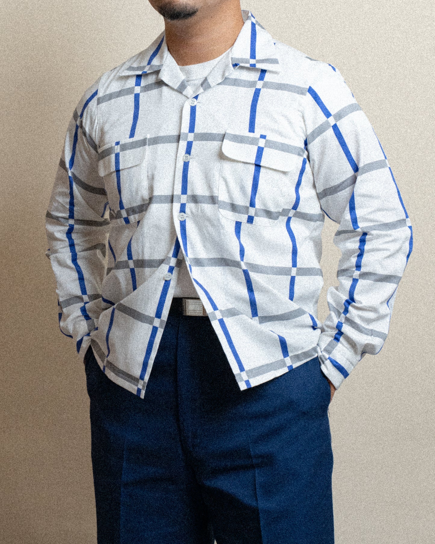 <Made To Order> COTTON PRINTED PLAIDS OPEN COLLAR SHIRT WHITE