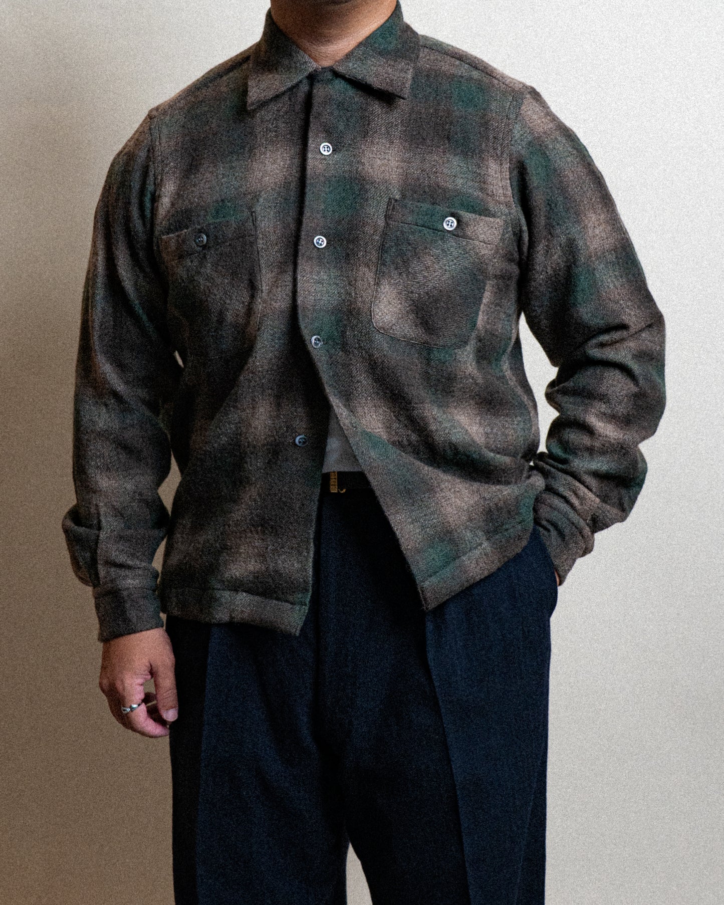 <Made To Order> OPEN COLLAR SHADOW PLAID WOOL SHIRT