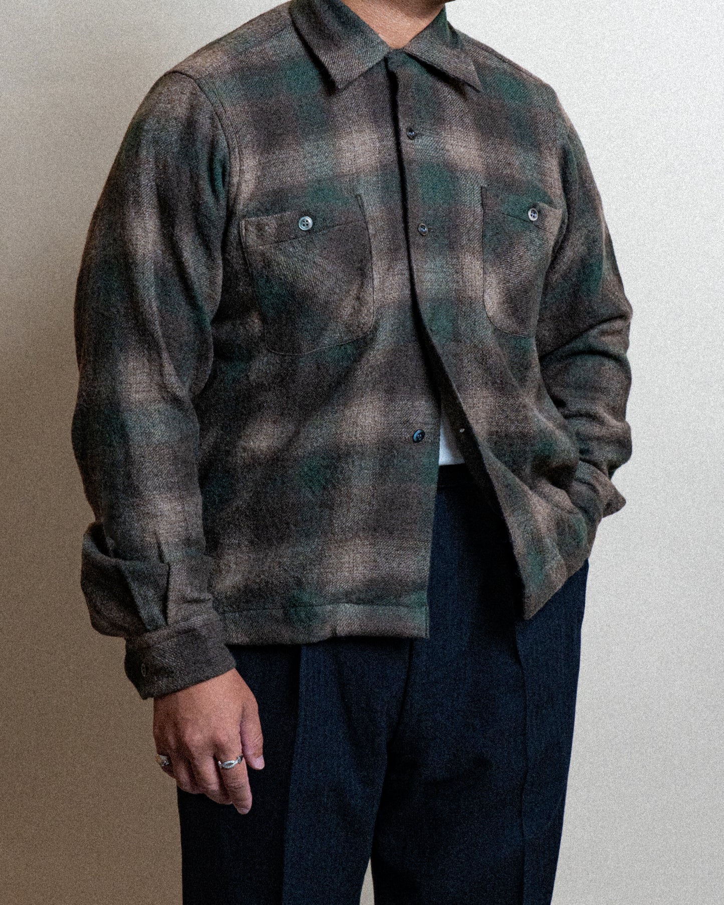 <Made To Order> OPEN COLLAR SHADOW PLAID WOOL SHIRT