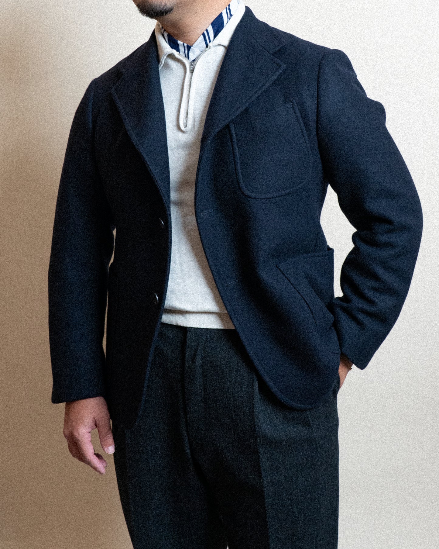 <Made To Order＞ SIGNATURE SACK JACKET "MELTON WOOL & CASHMERE" NAVY
